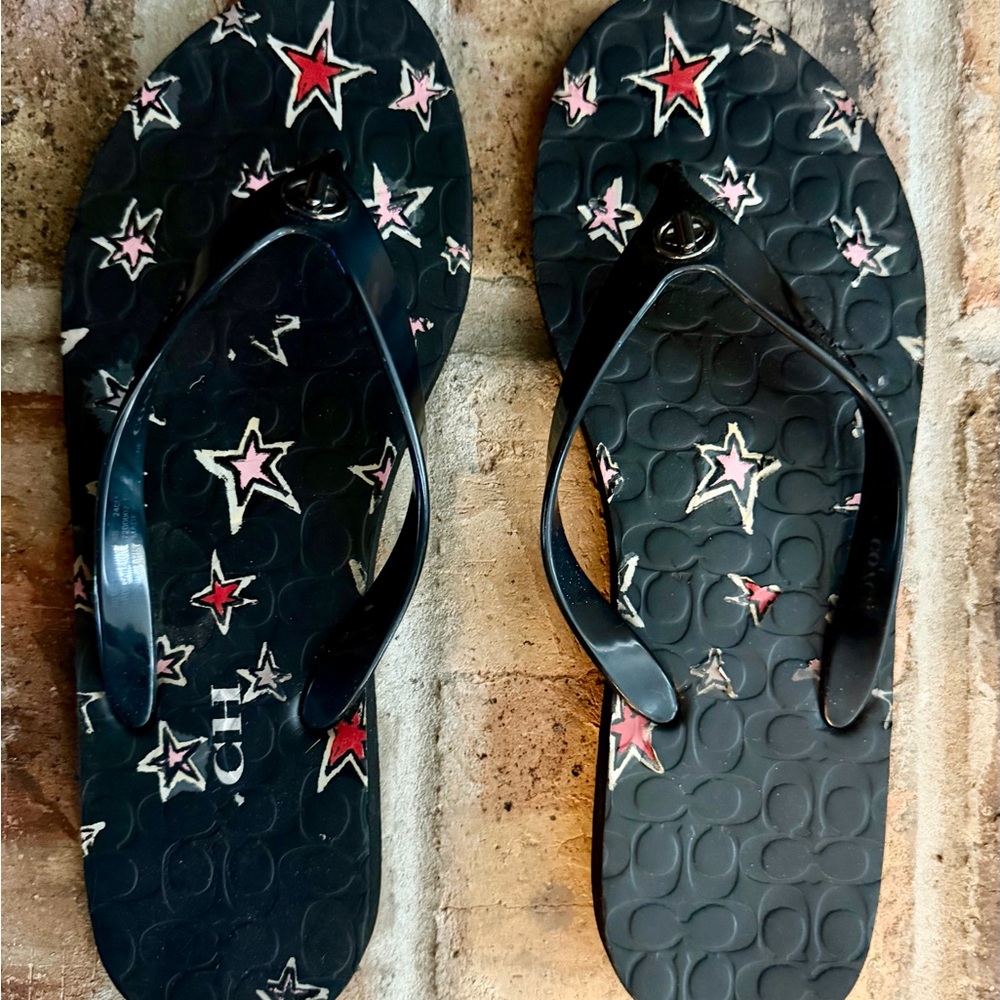 Coach Black Star-Print Sandals with Glossy Straps